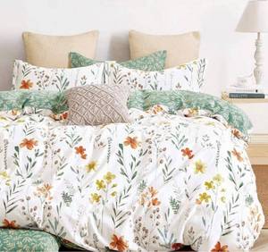 lot 54303 image: SLEEPBELLA King Size Comforter Set Yellow Flowers & Green Botanical Pattern Printed on White 100% Cotton Fabric, Ultra Soft Microfiber Inner Fill 3Pcs Bedding Set