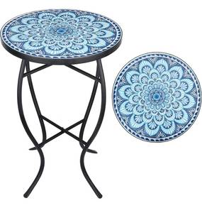 lot 54305 image: Vipush Outdoor Mosaic Side Table,14 Round Small Patio Bistro Accent Table Indoor End Table Black Iron Plant Stand for Garden Yard Parch Balcony,Dark Blue