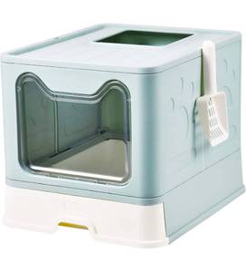 lot 54321 image: Gredella Covered Cat Litter Box with Lid Foldable, Front Entry Top Exit Anti-Splashing Cat Toilet, Cat Litter Scoop Included, Drawer Style for Medium and Large Cats, Easy to Clean, Large, Blue