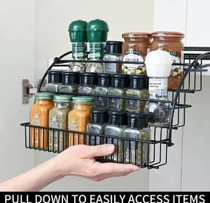 lot 54322 image: aurrako Pull Down Spice Racks Organizer, 3-Tier Retractable Metal Spice Organizer for Cabinet, Pull Out Seasoning Organizer Spice Storage for KitchenPantry,Spice,Herbs- Black