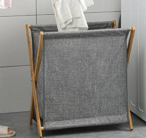 lot 54335 image: suiwoyou Bamboo Wood X-frame Laundry Hamper with Lid Collapsible Dirty Clothes Laundry Basket Foldable Storage for Household, Grey with Lid