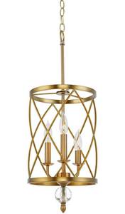 lot 54341 image: Kira Home Eleanor 26.5 Traditional 3-Light Chandelier, Cylinder Foyer Pendant Light, Adjustable Height, Warm Brass Finish