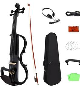 lot 54345 image: Diorrin Full Size Electric Violin Set, 44 Solid Wood Silent Fiddle for Beginners, Black Metallic Varnish with Ebony Fittings