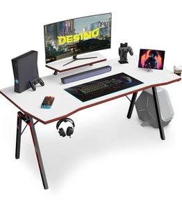lot 54349 image: DESINO Gaming Desk 47 inch PC Computer Desk, Home Office Desk Table Gamer Workstation with Cup Holder and Headphone Hook, White