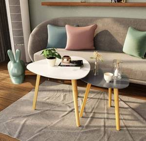 lot 54371 image: BAMEOS Bamboo Nesting Triangle End Table,Set of 2 Coffee Table Modern Minimalist Side Table for Living Room, Balcony in White & Grey