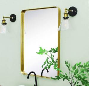 lot 54396 image: TEHOME 20x30 Brushed Gold Metal Framed Bathroom Mirror for Wall in Stainless Steel Rounded Rectangular Bathroom Vanity Mirrors Wall Mounted