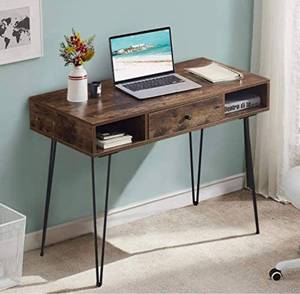 lot 54397 image: VECELO 39.3 Home Office Computer Retro Brown Hairpin Leg Desk with Storage Drawer and Shelf, Anti-Scratch Design with Ample Space 18.9�29.9
