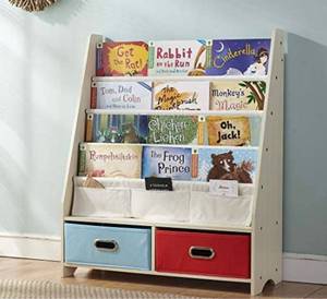 lot 54398 image: SEIRIONE Kids Book Rack, 4 Sling Bookshelf, 2 Storage Boxes and Toys Organizer Shelves, Beige