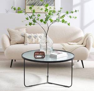 lot 54399 image: Roomfitters Minimalist Glass Coffee Table, Reeded, Contemporary Fluted Pattern Tempered Glass Cocktail Table, Nesting tables, Gunmetal Metal Frame, Circular Sofa Table for Living Room, Home Furniture.