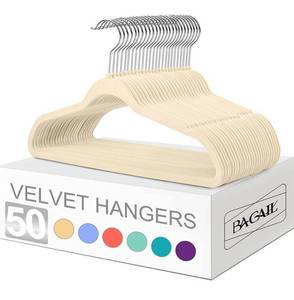 lot 54419 image: BAGAIL Velvet Hangers,Ivory Non Slip 360 Degree Swivel Hook Strong and Durable Clothes Hangers for Coats, Suit, Shirt Dress, Pants & Dress Clothes (50 Pack Ivory)