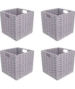 lot 54436 image: GREEHOMEDE Foldable Woven Storage Basket, Cotton Rope Storage Cube Boxes with Iron Wire Frame, Set of 4, Gray