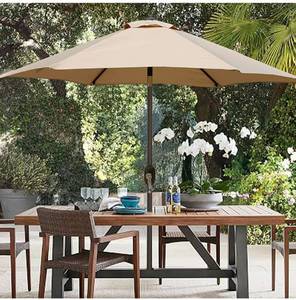 lot 54488 image: 9 Outdoor Aluminum Patio Umbrella, Market Striped Umbrella with Push Button Tilt and Crank (Beige)