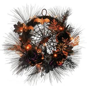 lot 54498 image: Jusdreen Halloween Wreath Decoration with LED Lights Spider Web, 19 Inch Black Artificial Pumpkin Flowers Wreath for Front Door and Wall Decor