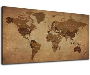 lot 54512 image: World Map Canvas Wall Art Vintage Map of World Wall Decor Living Room Office Decoration Retro Rustic Painting Pictures Farmhouse Brown World Map Canvas Prints Artwork Framed Ready to Hang 20 X 40