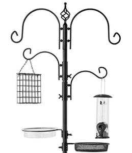 lot 54516 image: Best Choice Products 91in 4-Hook Bird Feeding Station, Steel Multi-Feeder Kit Stand for Attracting Wild Birds w 2 Bird Feeders, Mesh Tray, Bird Bath, 4-Prong Base - Blackbird