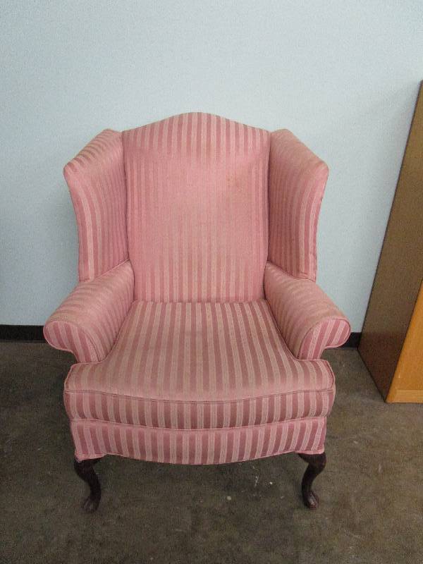 lot 426 image: Pink striped armchair will need to be cleaned