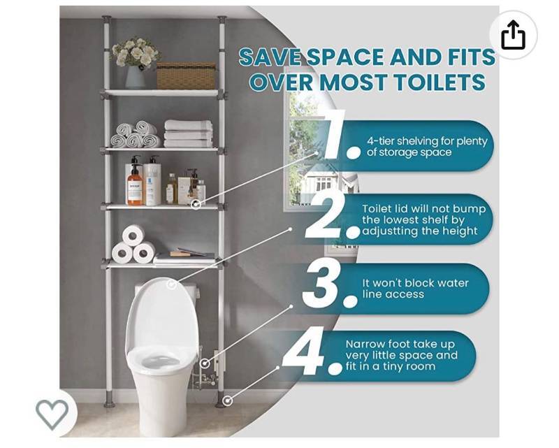 ALLZONE Over The Toilet Storage, Tall Bathroom Organizer, 4-Tier Adjustable  Shelves for Small Room, Saver Space, 92 to 116 Inch Tall, White