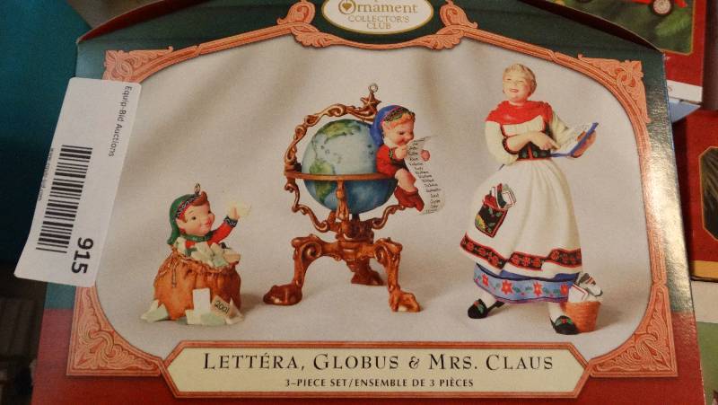 lot 915 image: Ledt & ra, globus & mrs.claus 3 - piece set & merry fishing elf.