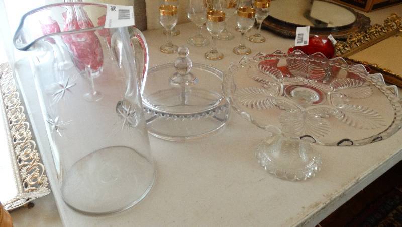 lot 940 image: Glass pitcher divided bowl & cake plate.