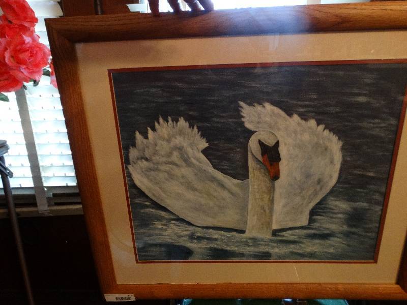 lot 975 image: Large swan picture,brass vase wflowers & wine basket wchateau 1973 mouton Roth schild.