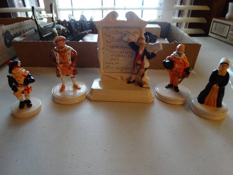 lot 1285 image: Lot of 4 Sebastian hand cast & hand painted miniatures 1984, 1985 Henry VIIII, falstaff savin sandy, time boleyn & info board.