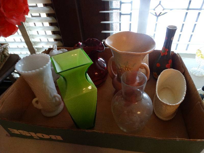 lot 1242 image: Lot of assorted vase green, milk glass, red & heavy flower patterns.