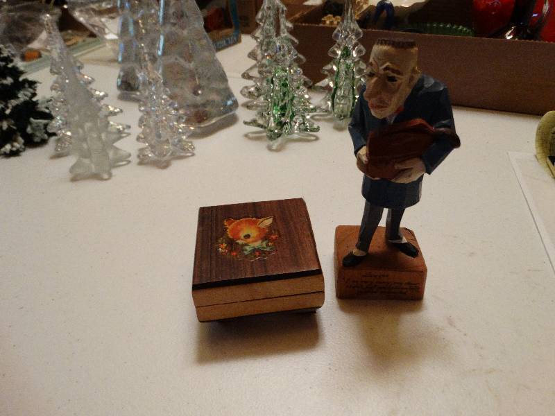 lot 1320 image: Old wooden man statue made in Germany & misc box that plays take me home country road.