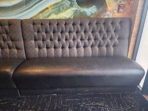 lot 18823 image: Gray Faux Leather Booth W Fabric Button Tufting Back