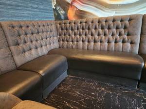 lot 18824 image: Gray Faux Leather Booth W Fabric Button Tufting Back