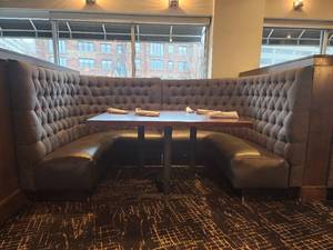 lot 18825 image: Corner Booth, Gray Faux Leather Booth W Fabric Button Tufting Back