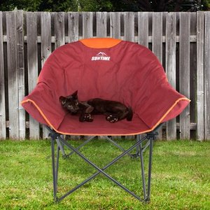 lot 67480 image: Suntime Sofa Chair, Oversize Padded Moon Leisure Portable Stable Comfortable Folding Chair for Camping, Hiking, Carry Bag, Red. Used.