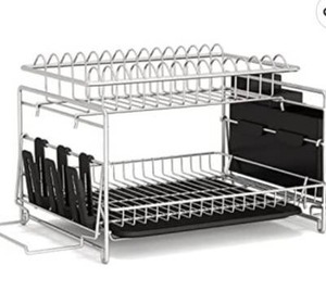 lot 67490 image: 1Easylife Dish Drying Rack, 2 Tier Large Kitchen Dish Rack with Removable Drainboard, Used.