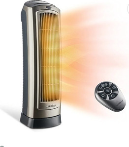 lot 67727 image: Lasko Oscillating Digital Ceramic Tower Heater for Home with Adjustable Thermostat, Timer and Remote Control, 23 Inches, 1500W, Silver. USED