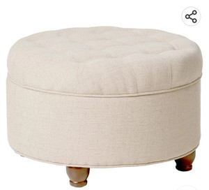 lot 67734 image: Homepop Home Decor  Large Button Tufted Woven Round Storage Ottoman. LOOSE HARDWEAR