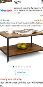 lot 67746 image: AMOAK Coffee Table, 2-Tier Industrial Coffee Table with Shelf,Wood Look Accent Furniture with Metal Frame, Used.