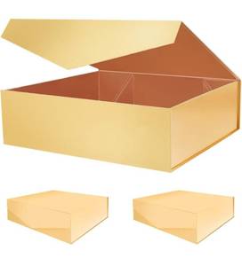 lot 57919 image: retails for 56.99 HAPPY POTATO Extra Large Gift Boxes with Lids, 16.3x14.2x5 Inches, Gold Gift Boxes for Clothes and Large Gifts (Glossy Gold with Grain Texture, Pack of 3)