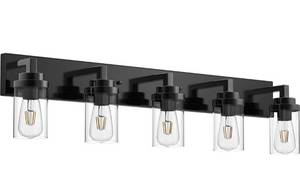 lot 57931 image: retails for 189.99 MELUCEE 5-Light Black Bathroom Light Fixtures with Clear Glass Shade, 40 Inches Length Vanity Lights Industrial Wall Mount Light for Bathroom Mirror, Powder Room Bedroom