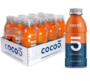lot 57933 image: retails for 30.99 Coco5 Clean Sports Hydration Orange Flavor  100% Natural  50% Less Sugar  Nothing Artificial  Non-GMO  Gluten Free  Developed by Pro Trainers for Pro Athletes  16.9 Oz (Pack - 12)