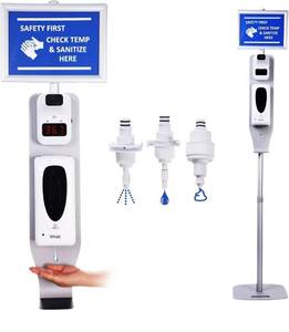 lot 57947 image: retails for 149.99 NEWARR Automatic Hand Sanitizer Dispenser with Touchless Thermometer and Sign Board, Adjustable Stand Touch Free Soap Sanitizer Dispenser with Refillable 1000ml Inner Bottle, Ideal for All Places