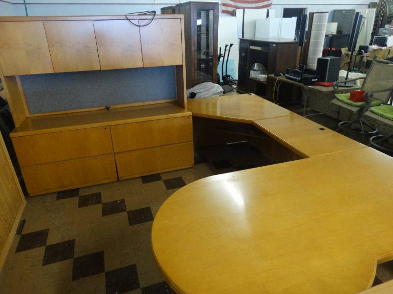 lot 314 image: Nice big 3 pieces wooden office desk Wcabinet large office setup heavy.