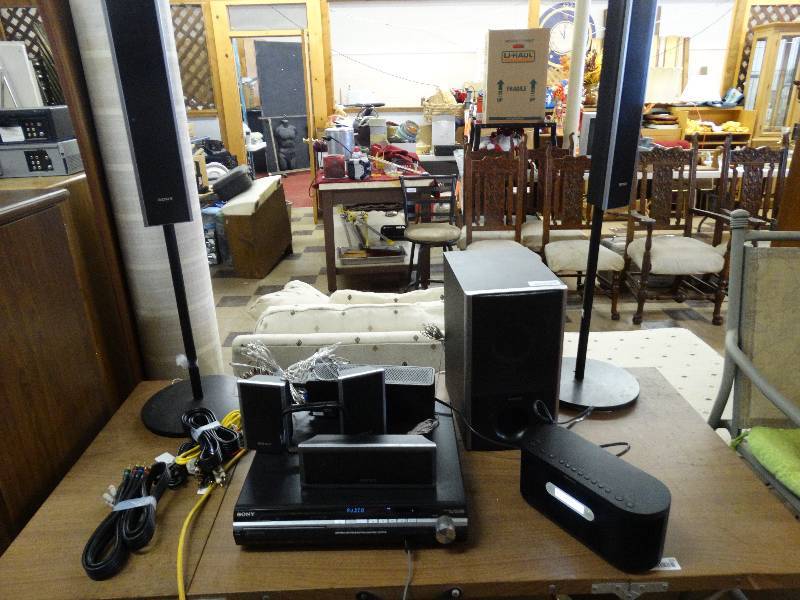 lot 354 image: Sony DVD home theater system, Sony fair wireless speaker system wsurround amplifier, speaker, & 2 adjustable height floor speakers & sub woofer wall cables.