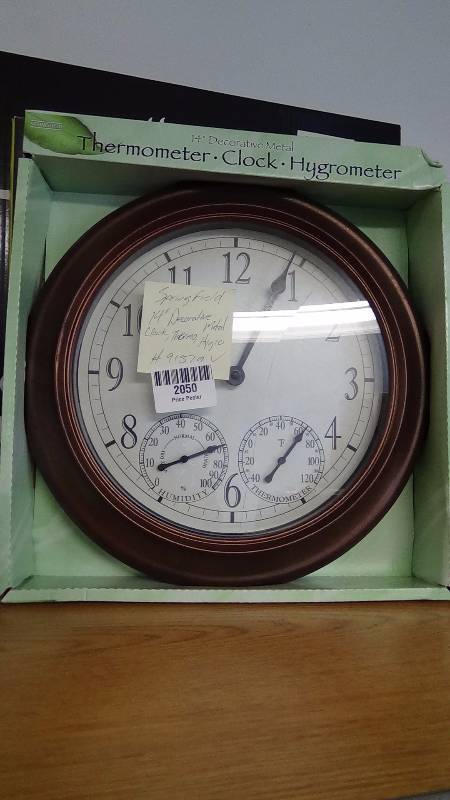 lot 2050 image: Springfield Outdoor Garden Clock with Thermometer and Hygrometer, 14-Inch (CRACKED FACE)