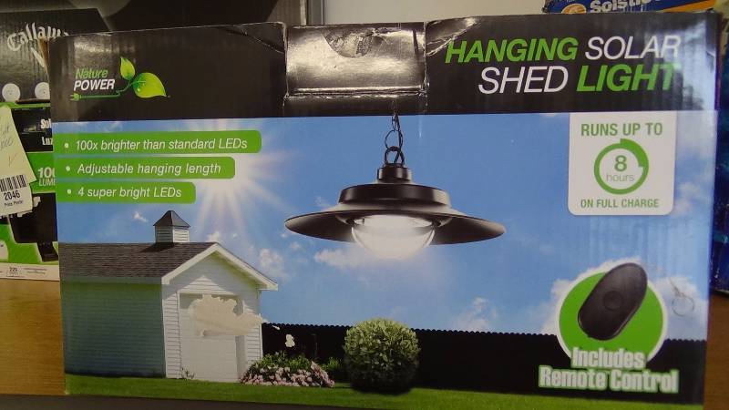 lot 2047 image: Nature Power 21030 Hanging Solar Powered LED Shed Light with Remote Control, Black Finish