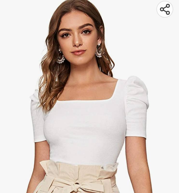 lot 36958 image: WDIRARA Womens. Elagant Puff Short Sleev e Knit Summer Square Neck T-Shirt Tops Lig ht White XXI