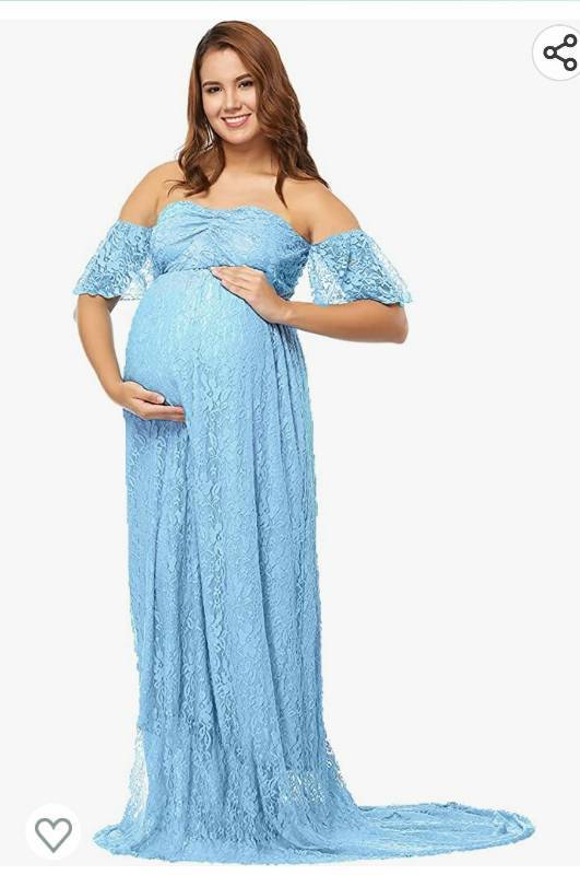lot 36975 image: JustVH Maternity Off Shoulder Ruffle Sleeve Lace Wedding Gown Maxi Photography Dress for Photo Shoot Dress XL