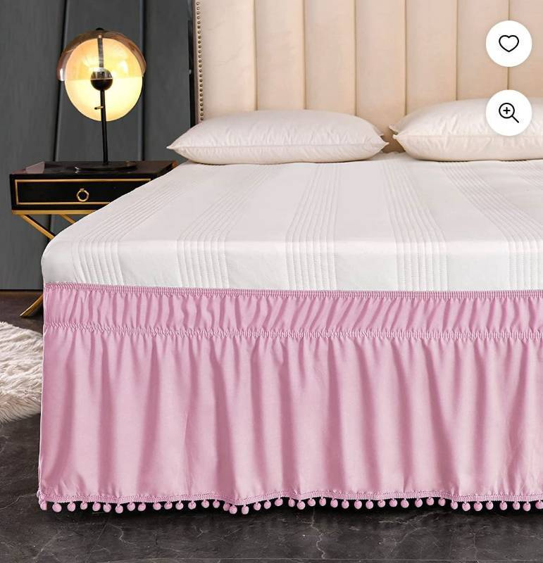 lot 30455 image: Exclusivo Mezcla Pom Pom Bed Skirt with Adjustable Elastic Belt, Easy Wrap Around Dust Ruffles with 16 Inch Tailored Drop, Wrinkle and Fade Resistant, (Twin, Pink)