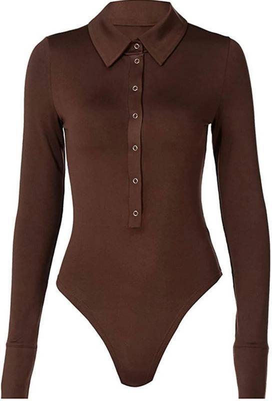 lot 38368 image: GEMBERA Womens Long Sleeve Turn Down Button Collar Bodycon Bodysuit Tops Casual Thong Leatard large
