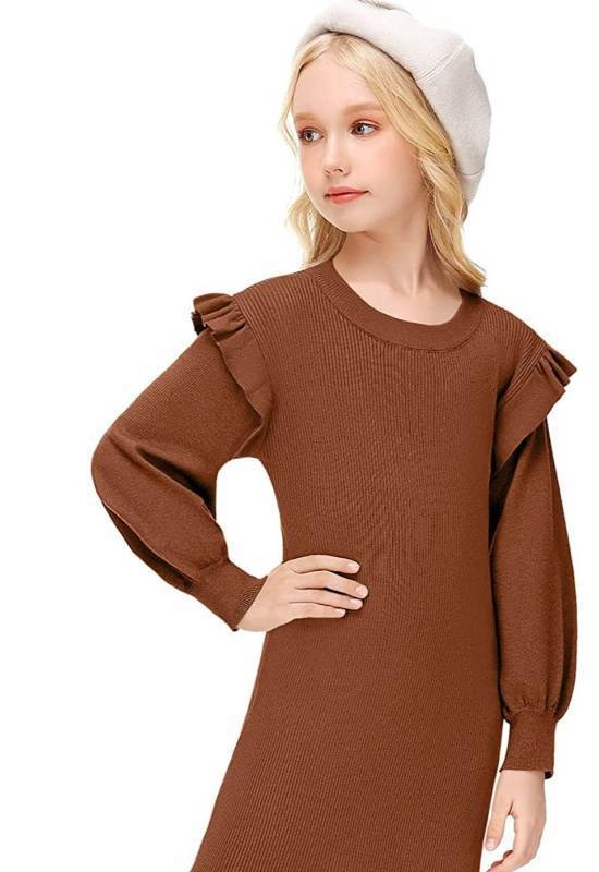 lot 40429 image: BesserBay Girls Ruffle Long Sleeve Sweater Dress Fall Crew Neck Midi Dress, Size 5-7