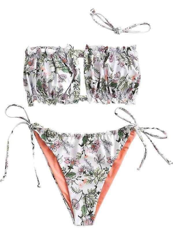 lot 40432 image: ZAFUL Womens Strapless Bikini Ribbed Tie Back Ruffle Cutout Bandeau Bikini Set Swimsuit, Size 6