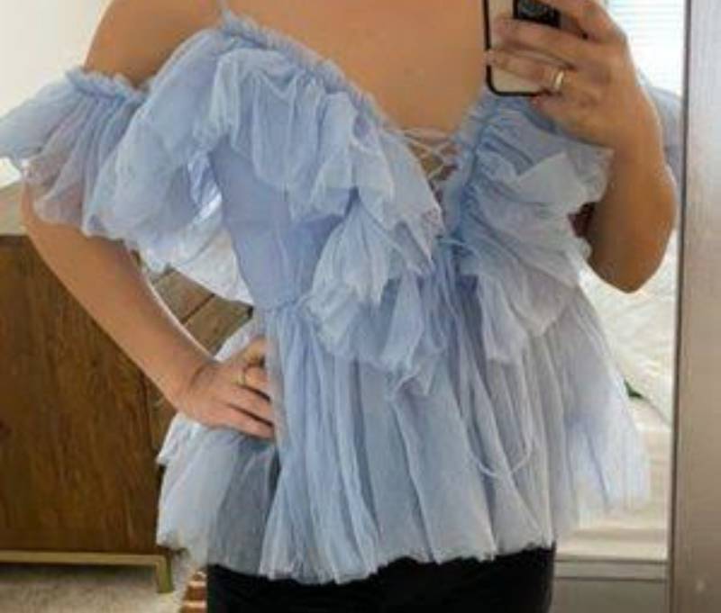 lot 40447 image: Ruffle Lace-Up Off The Shoulder Top